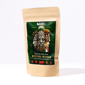 May include: A brown paper bag of "Nature's Joint" ceremonial grade cacao. The label features a green background with a graphic of three faces and the text "Mystical Mexican". The bag contains 200g of product.