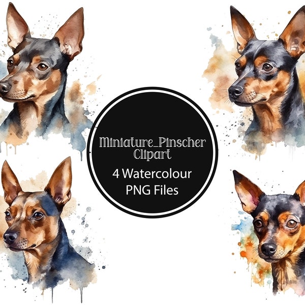 Aquarelle Pinscher nain, 4 PNG de haute qualité, Pinscher Clipart, Pinscher PNG, imprimable, Junk Journal, Paper craft, Scrapbooking