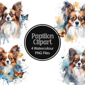 Acuarela Papillon Dog, 4 PNG de alta calidad, Papillon Clipart, Papillon Dog PNG, Imprimible digital, Diario basura, Arte de papel, Scrapbooking