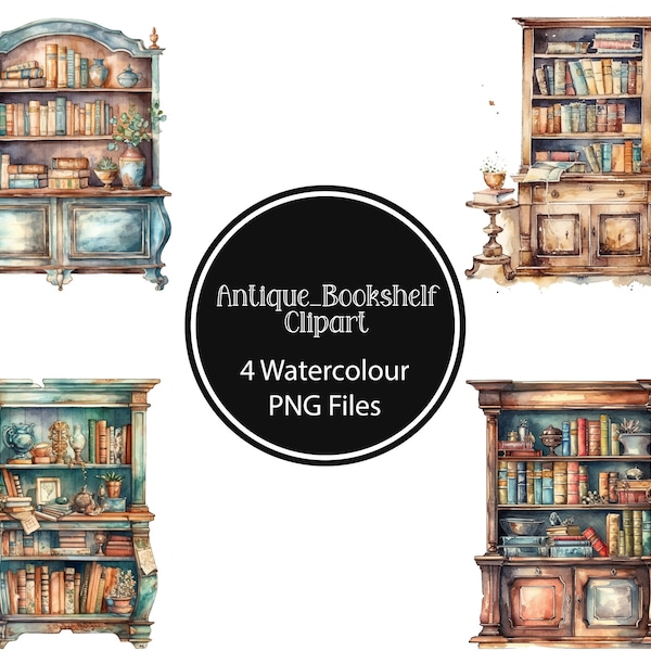 Watercolor Antique Bookshelf, 4 High quality PNGs, Bookshelf Clipart, Bookshelf PNG, printable, Junk Journal, Paper craft, Scrapbooking