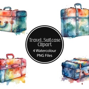 Watercolor Travel Suitcase, 4 High quality PNGs, Suitcase Clipart, Suitcase PNG, printable, Junk Journal, Paper craft, Scrapbooking