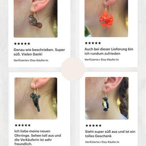 K&ouml;nnte beinhalten: Eine Auswahl handgefertigter Ohrringe mit Tiermotiven. Die Ohrringe zeigen ein Eichh&ouml;rnchen, einen Hummer, einen B&auml;ren und einen Pinguin. Jeder Ohrring h&auml;ngt an einem silberfarbenen Haken. Das Bild enth&auml;lt Kundenbewertungen.