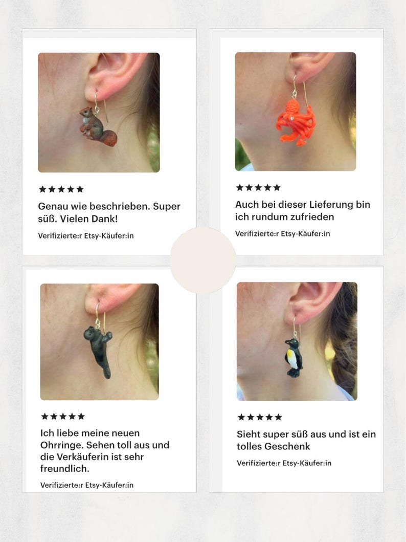 K&ouml;nnte beinhalten: Eine Auswahl handgefertigter Ohrringe mit Tiermotiven. Die Ohrringe zeigen ein Eichh&ouml;rnchen, einen Hummer, einen B&auml;ren und einen Pinguin. Jeder Ohrring h&auml;ngt an einem silberfarbenen Haken. Das Bild enth&auml;lt Kundenbewertungen.