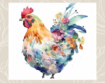 Chicken and Flowers Water Color Painting | 12 High Quality JPG Clipart Pack | Digital Download | Printable Art | JPG Clip Art