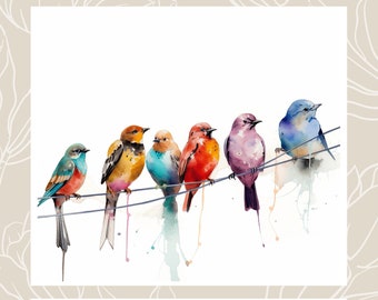 Vögel auf einem Draht Aquarell Malerei | 12 Hochwertige JPG Clipart Pack | Digitaler Download | Druckbare Kunst | JPG Clip Art