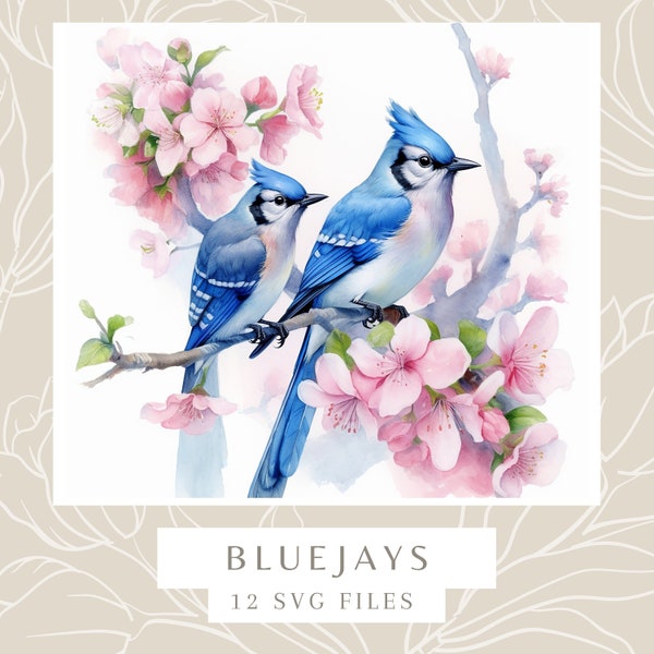 Bluejays In a Blossoming Tree Water Color Painting | 12 High Quality JPG Clipart Pack | Digital Download | Printable Art | JPG Clip Art