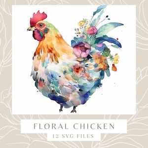 Chicken and Flowers Water Color Painting | 12 High Quality JPG Clipart Pack | Digital Download | Printable Art | JPG Clip Art