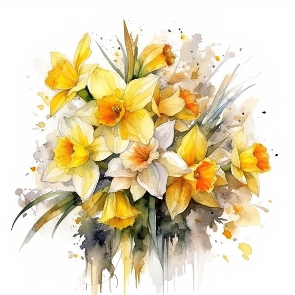 Daffodil Bouquet Water Color Painting | 12 High Quality JPG Clipart Pack | March Flowers | Birth Month Flower | Printable JPG Clip Art