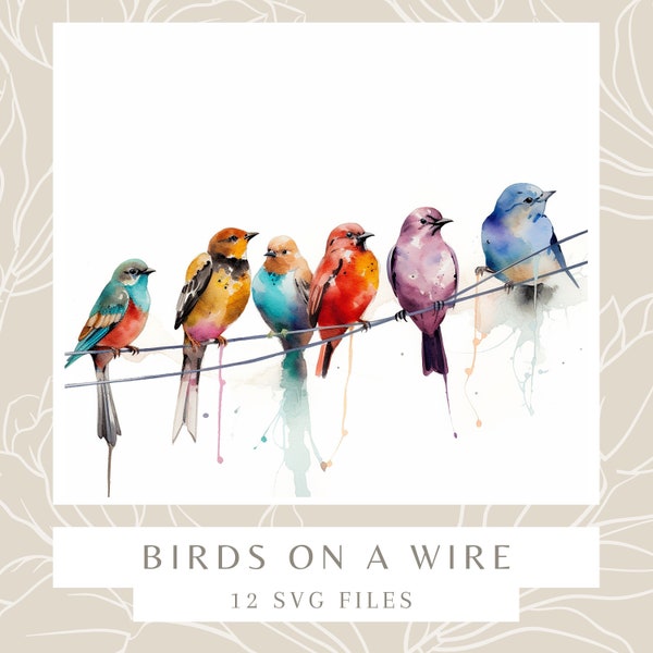 Oiseaux sur une peinture de couleur de l'eau de fil | Pack de 12 cliparts JPG de haute qualité | Téléchargement numérique | Art imprimable | Images clipart JPG