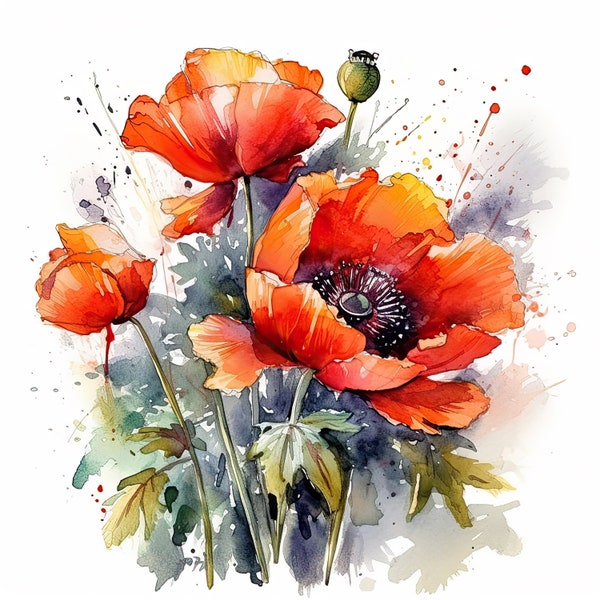 Poppy Bouquet Water Color Painting | 12 High Quality JPG Clipart Pack | August Flower | Birth Month Flower | Printable JPG Clip Art