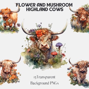 Watercolor Flower and Mushroom Highland Cows Clip Art Pack | 13 Transparent Background PNGs | Sublimation Clip Art Bundle | Scrapbooking