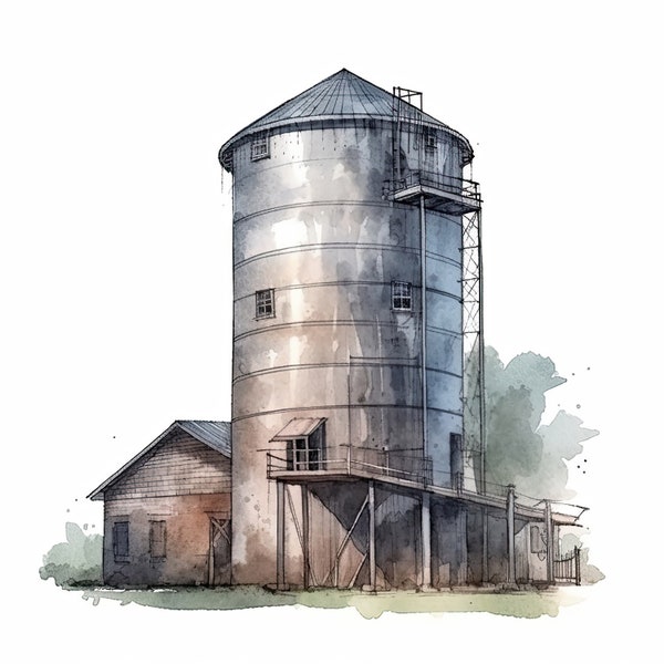 Farm Silo Water Color Painting | 12 High Quality JPG Clipart Pack | Digital Download | Printable Art | JPG Clip Art