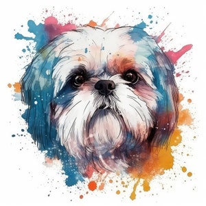May include: A watercolor painting of a white Shih Tzu dog with blue, orange, and pink watercolor splatters in the background.