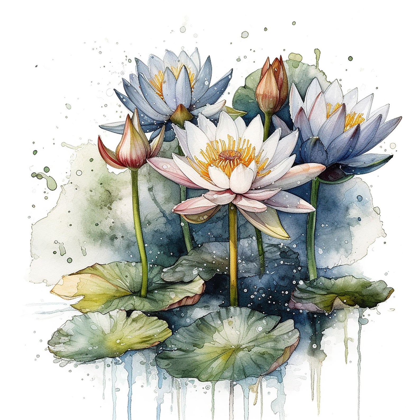 Water Lily Bouquet Water Color Painting 12 High Quality JPG