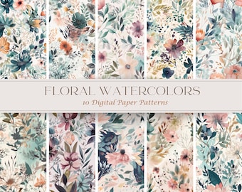 Floral Water Color Digital Paper Pack | 10 High Quality Seamless Patterns | JPG | Digital Download | Printable Art | Repeating Pattern