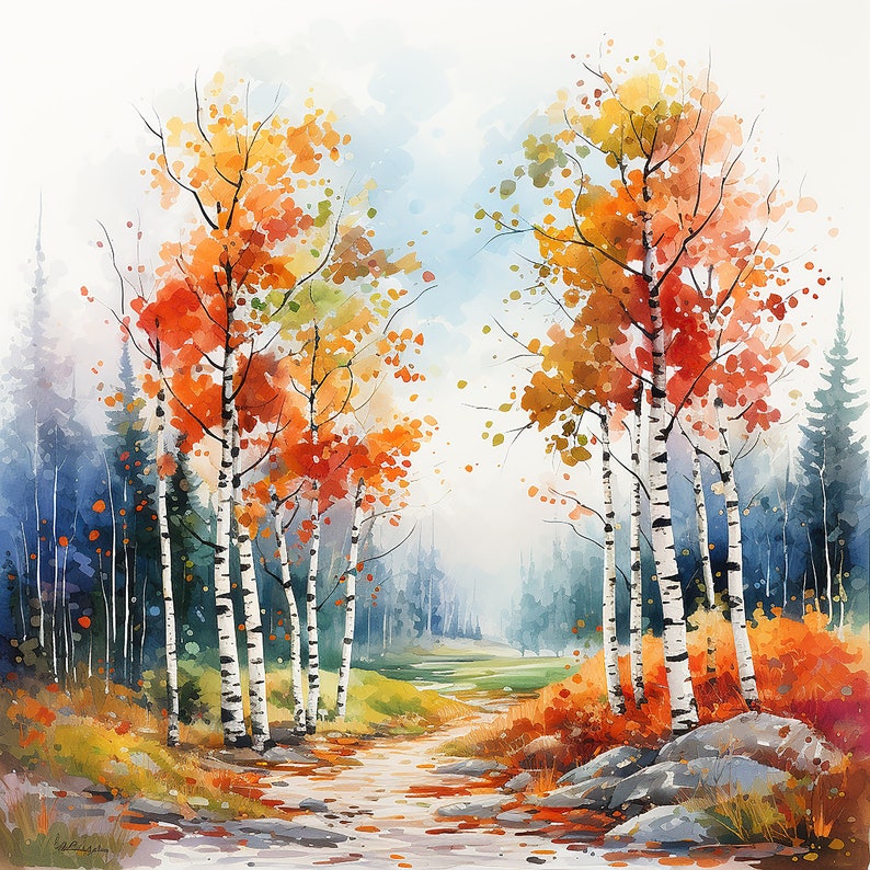 May include: Watercolor painting of a forest scene with birch trees in the foreground. The trees have orange, yellow, and red leaves. The background is a soft blue and white.