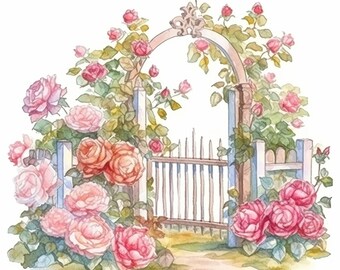 May include: A watercolor painting of a white picket fence with a wooden archway covered in pink roses. The archway has a gate with vertical slats. The roses are in full bloom and are climbing up the archway.