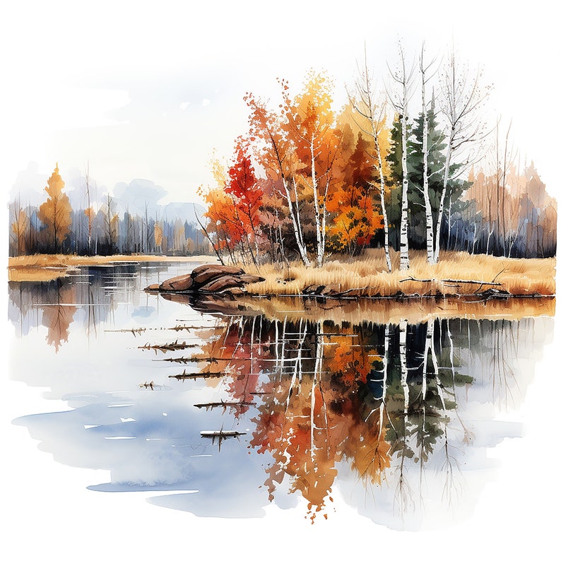 May include: A watercolor painting of a lake scene with a group of trees in autumn colors reflected in the water. The trees are mostly birch with some red and orange leaves. The water is calm and blue.