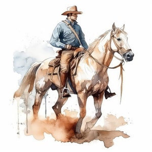 Cowboy on a Horse Water Color Painting | 12 High Quality JPG Clipart Pack | Digital Download | Printable Art | JPG Clip Art