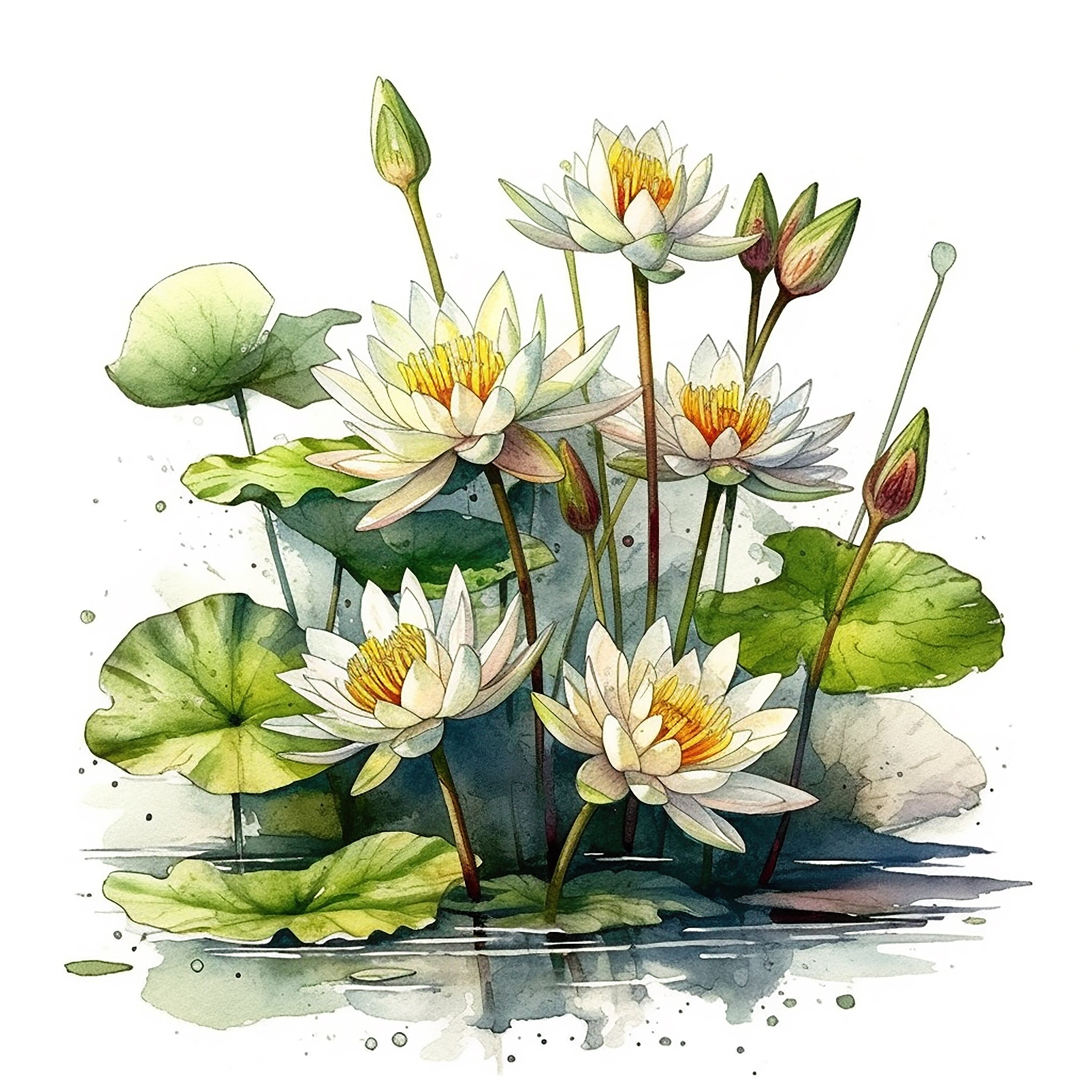 Water Lily Bouquet Water Color Painting 12 High Quality JPG