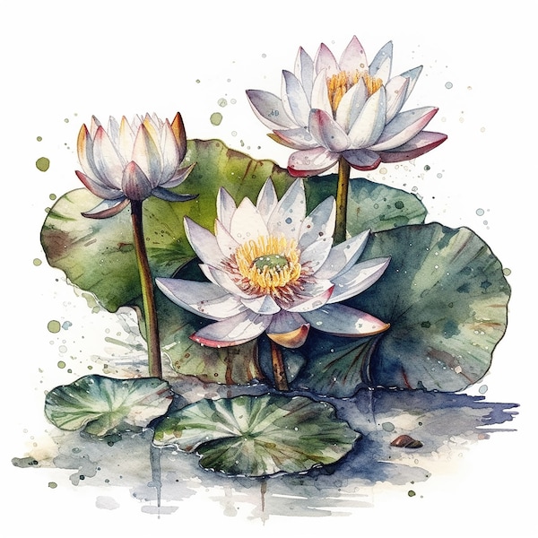 Water Lily Bouquet Water Color Painting | 12 High Quality JPG Clipart Pack | July Flower | Birth Month Flower | Printable JPG Clip Art