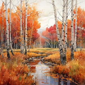 May include: A watercolor painting of a stream flowing through a forest in autumn. The trees are a mix of birch and maple, with the leaves turning shades of orange, red, and yellow. The stream is clear and reflects the colors of the trees.