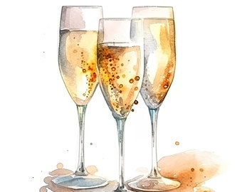Champagne Glasses Water Color Painting | 11 High Quality JPG Clipart Pack | Digital Download | Printable Art | JPG Clip Art | Commercial Use
