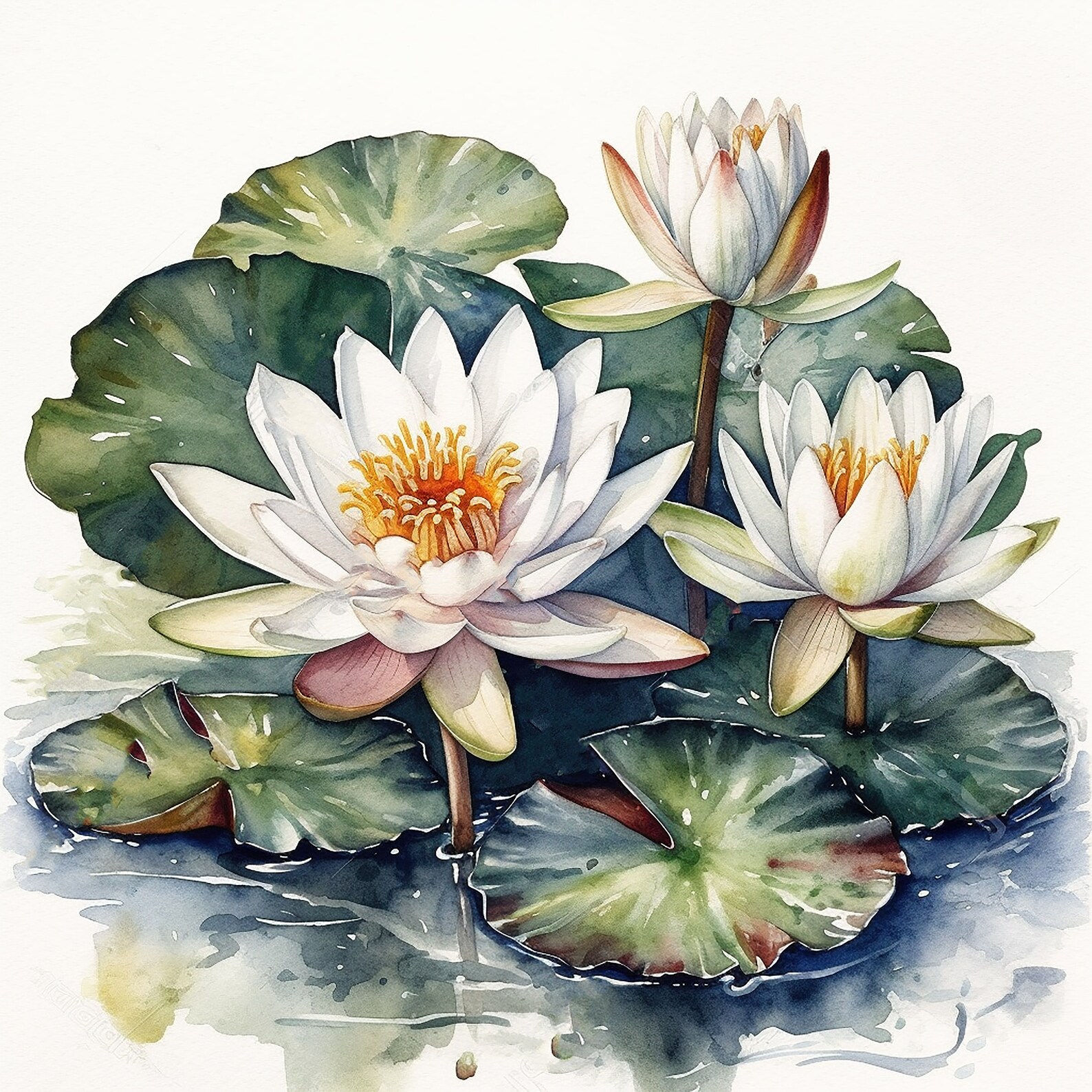 Water Lily Bouquet Water Color Painting 12 High Quality JPG