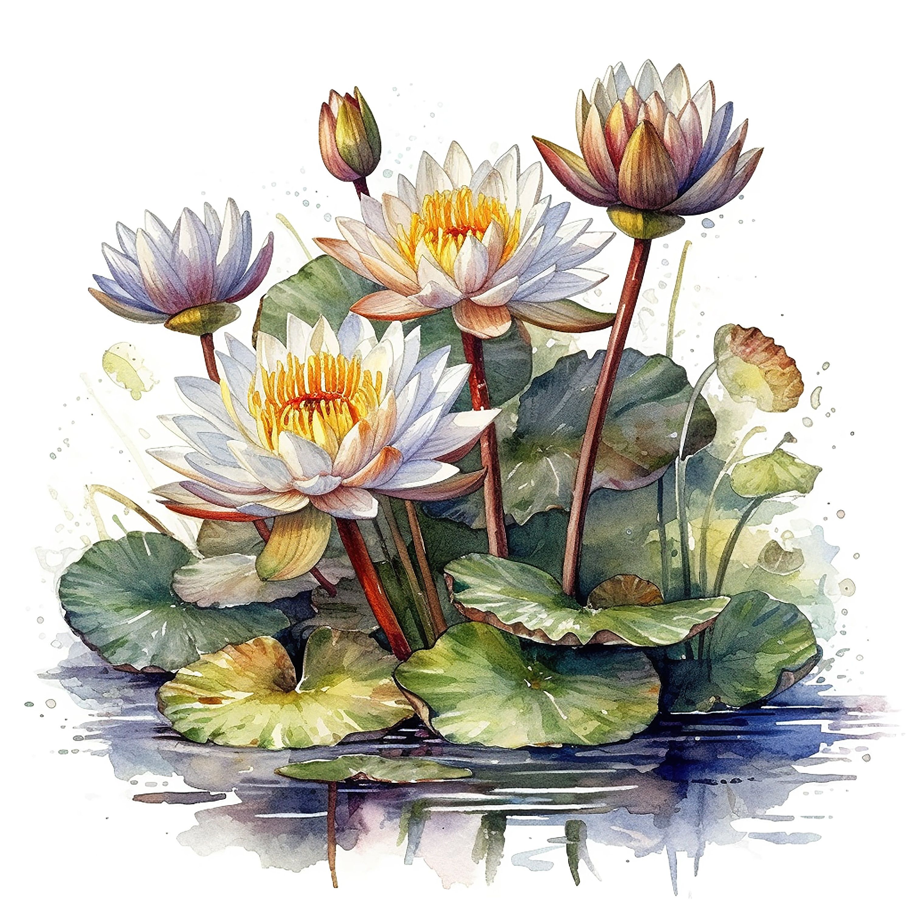 Water Lily Bouquet Water Color Painting 12 High Quality JPG