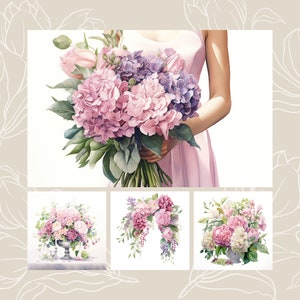 Assorted Peonies, Hydrangeas, and Roses Bouquet| Water Color Painting | 15 Quality JPG Clipart Pack | Digital Download | Printable Clip Art