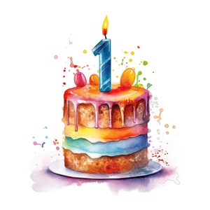 First Birthday Cake Water Color Painting | 12 High Quality JPG Clipart Pack | Digital Download | Printable Art | JPG Clip Art