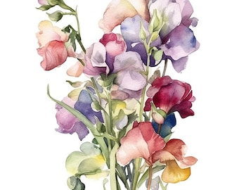 Sweet Pea Bouquet Water Color Painting | 12 High Quality JPG Clipart Pack | April Flower | Birth Month Flower | Printable JPG Clip Art