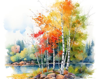 Variety of Birch Trees Water Color Painting | 15 High Quality JPG Clipart Pack | Digital Download | JPG Clip Art | Commercial Use