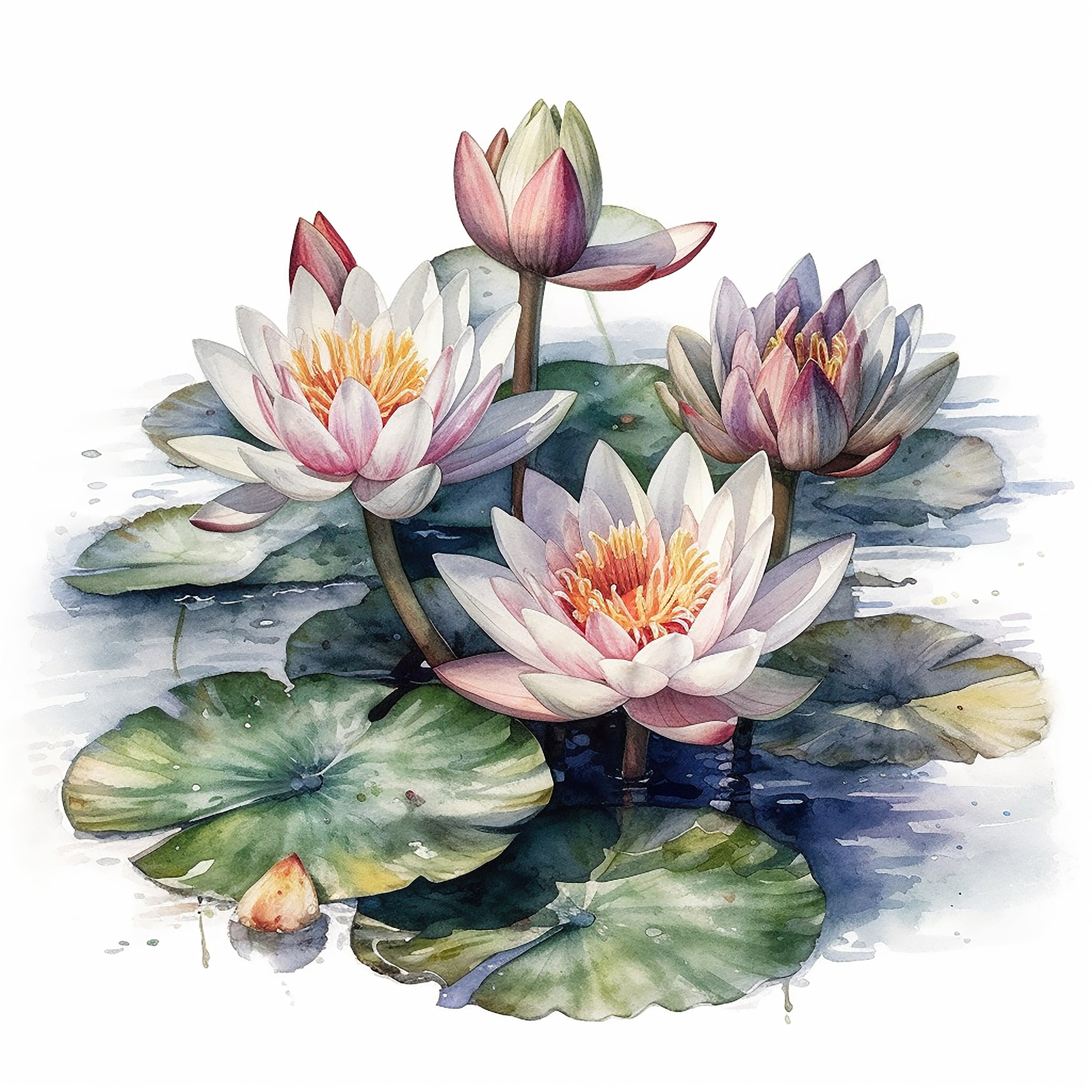 Water Lily Bouquet Water Color Painting 12 High Quality JPG