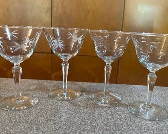 Vintage Libbey Etched Champagne Coupes, Mixed Set of 4