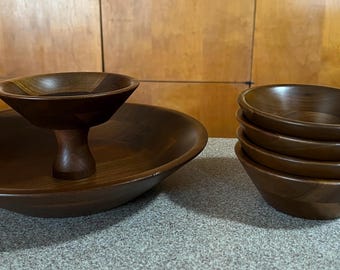 1960's Vermillion 5 Piece  Walnut Snack Set