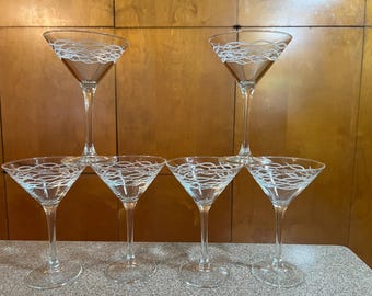 Vintage Barbed Wire or Tattoo Etched Martini or Cocktail Glasses Set of 6.