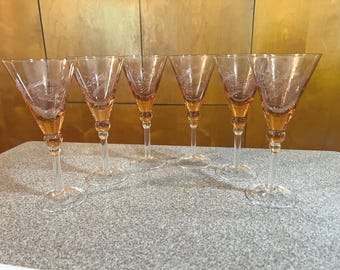 Retro Salmon Pink Etched Trumpet Wine or Champagne Flutes Set of 6