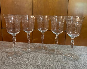 Tiffin Franciscan Optic Etched Large Wine or Water Glasses Pattern 1000-1 Set of 5