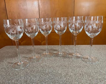 Vintage Toscany Blown Glass Etched  Wine Glasses Set of 6