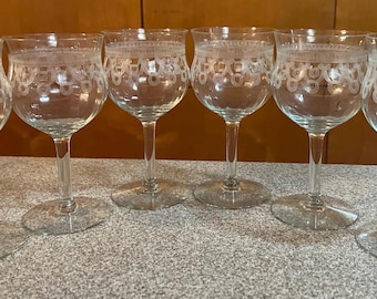 Vintage Tulip Optic Needle Etched Wine Glasses Set of 6