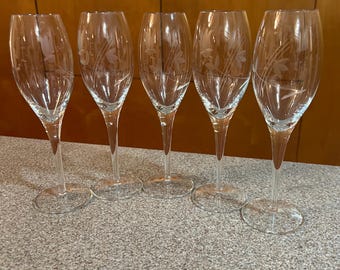 Vintage Etched Champagne Flutes - 1980s Floral Set of 5