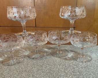 Vintage Cambridge Marjorie Needle Etched Coupes  Set of 6