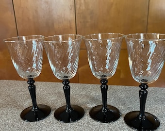 1980's French Cristal D'Arque Optic Swirl Onyx Stem White  Wine Glasses Set of 4