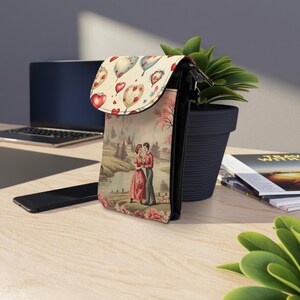 Monedero pequeño para teléfono móvil con diseño de amantes románticos y globos / Estilo retro con correa ajustable y ranuras para tarjetas / Regalo de San Valentín