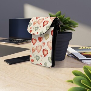 Billetera pequeña para teléfono celular con globos en forma de corazón / Estilo retro con correa ajustable y ranuras para tarjetas / Regalo de San Valentín