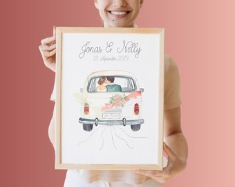 Personalisiertes Hochzeitsposter, Bild mit Geldgeschenk fürs Brautpaar, Auto mit Geldscheinen, Hochzeitsgeschenk gerahmt, Bild Just Married