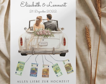 Personalisiertes Hochzeitsposter, Bild mit Geldgeschenk fürs Brautpaar, Auto mit Geldscheinen, Hochzeitsgeschenk gerahmt, Bild Just Married