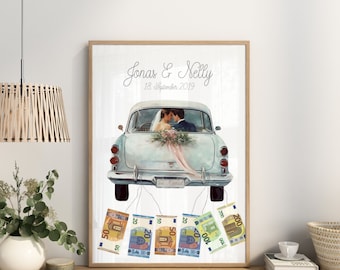 Personalized wedding poster, picture with a gift of money for the bride and groom, car with banknotes, framed wedding gift, picture Just Married