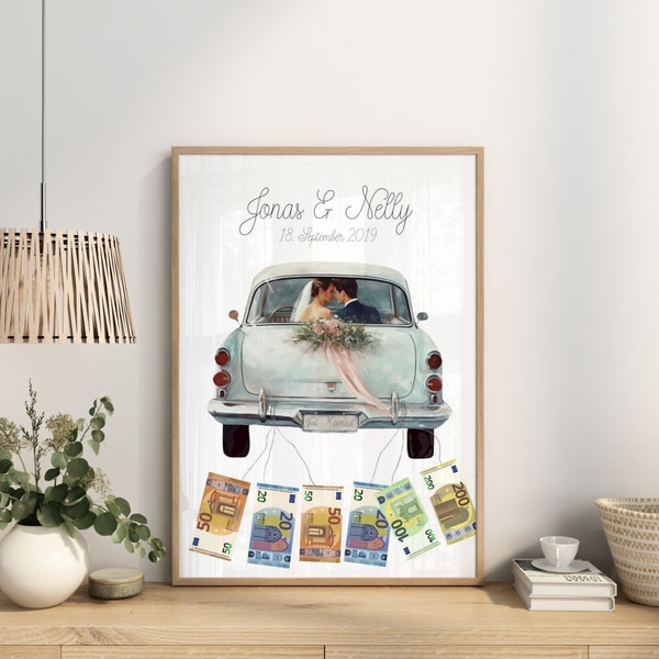 Personalized wedding poster, picture with a gift of money for the bride and groom, car with banknotes, framed wedding gift, picture Just Married